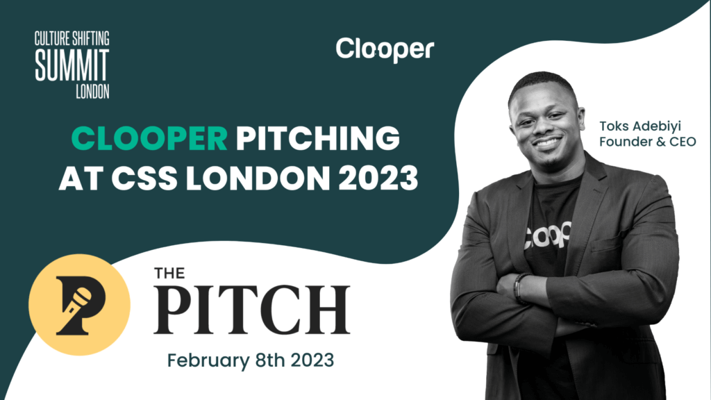 a man standing in a banner design titled clooper pitching at css london 2023